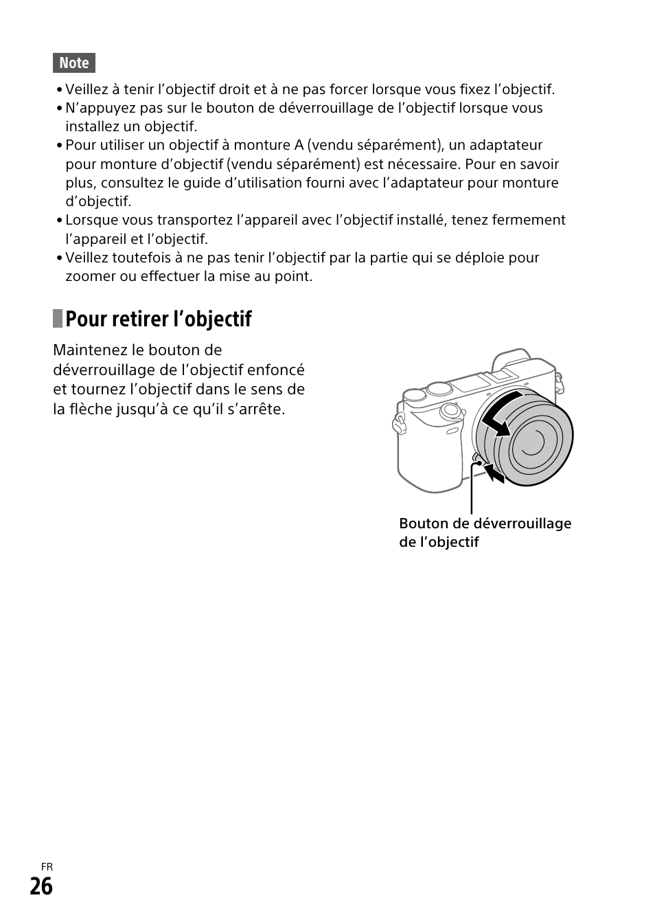 Pour retirer l’objectif | Sony α6500 ILCE-6500 User Manual | Page 80 / 507