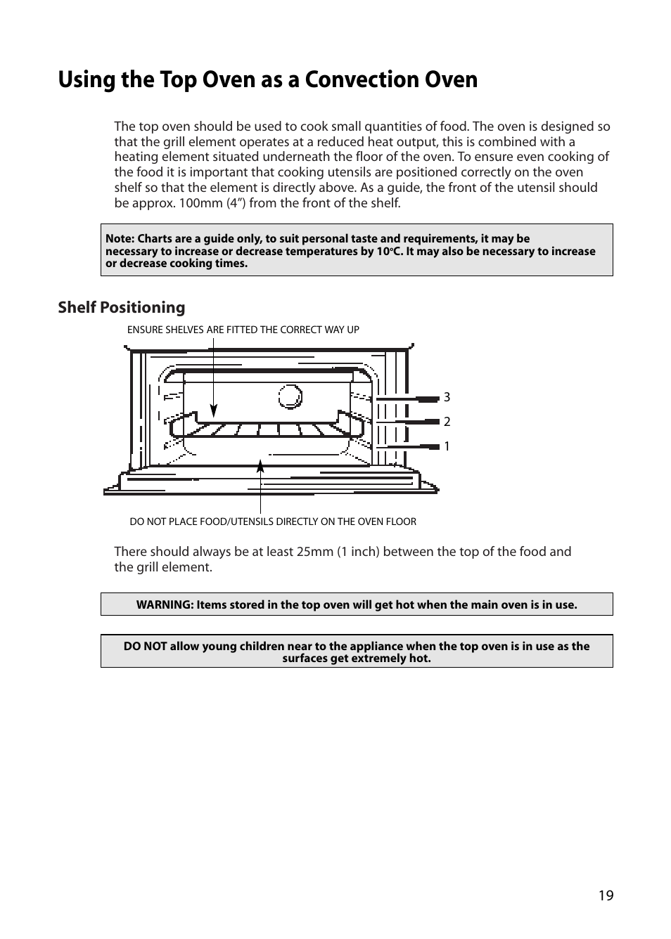 Using the top oven as a convection oven, Shelf positioning | Creda CB43E User Manual | Page 19 / 40