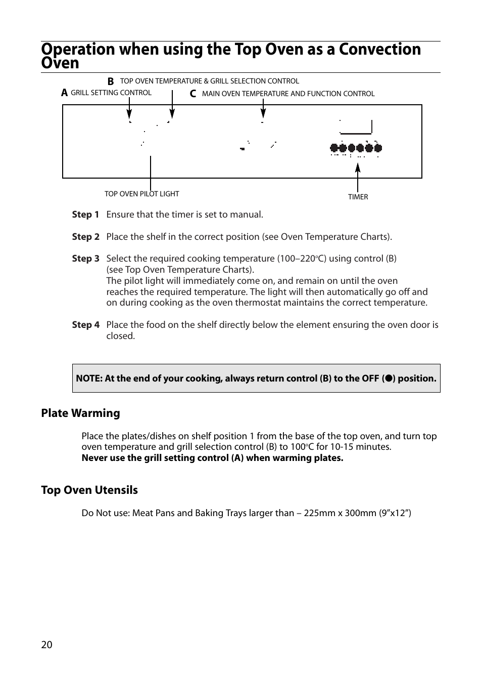 Plate warming, Top oven utensils | Creda CB43E User Manual | Page 20 / 40