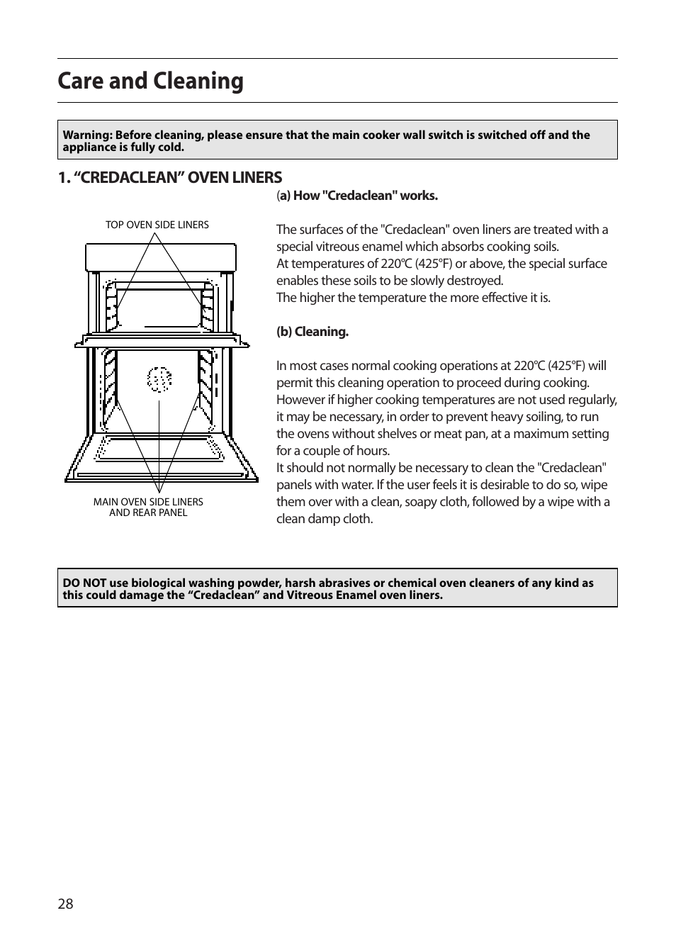 Care and cleaning, “credaclean” oven liners | Creda CB43E User Manual | Page 28 / 40