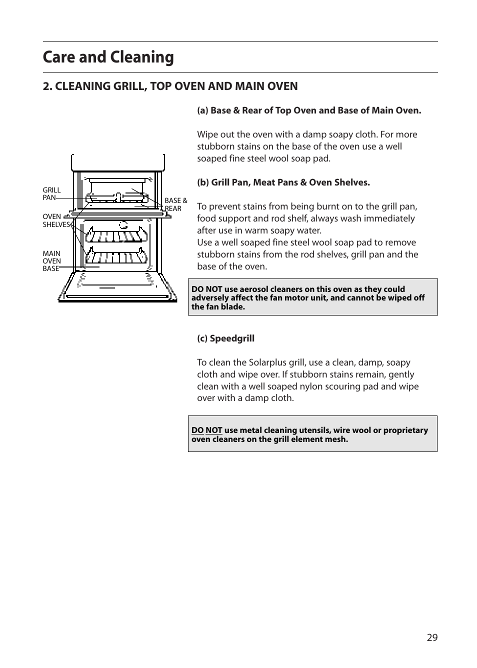 Care and cleaning, Cleaning grill, top oven and main oven | Creda CB43E User Manual | Page 29 / 40