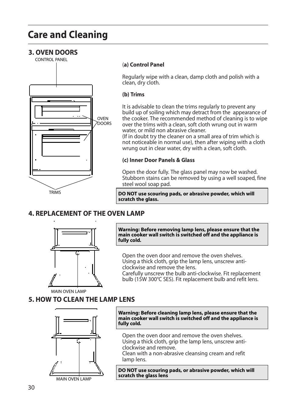 Care and cleaning, Oven doors, Replacement of the oven lamp | How to clean the lamp lens | Creda CB43E User Manual | Page 30 / 40