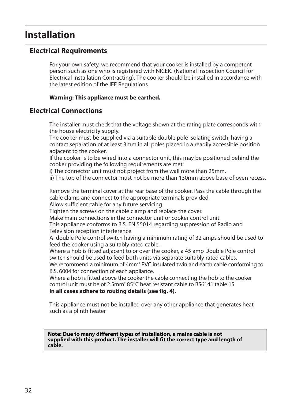 Installation, Electrical requirements, Electrical connections | Creda CB43E User Manual | Page 32 / 40