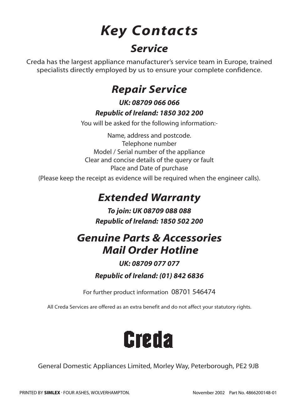 Key contacts, Service, Repair service | Extended warranty, Genuine parts & accessories mail order hotline | Creda CB43E User Manual | Page 40 / 40