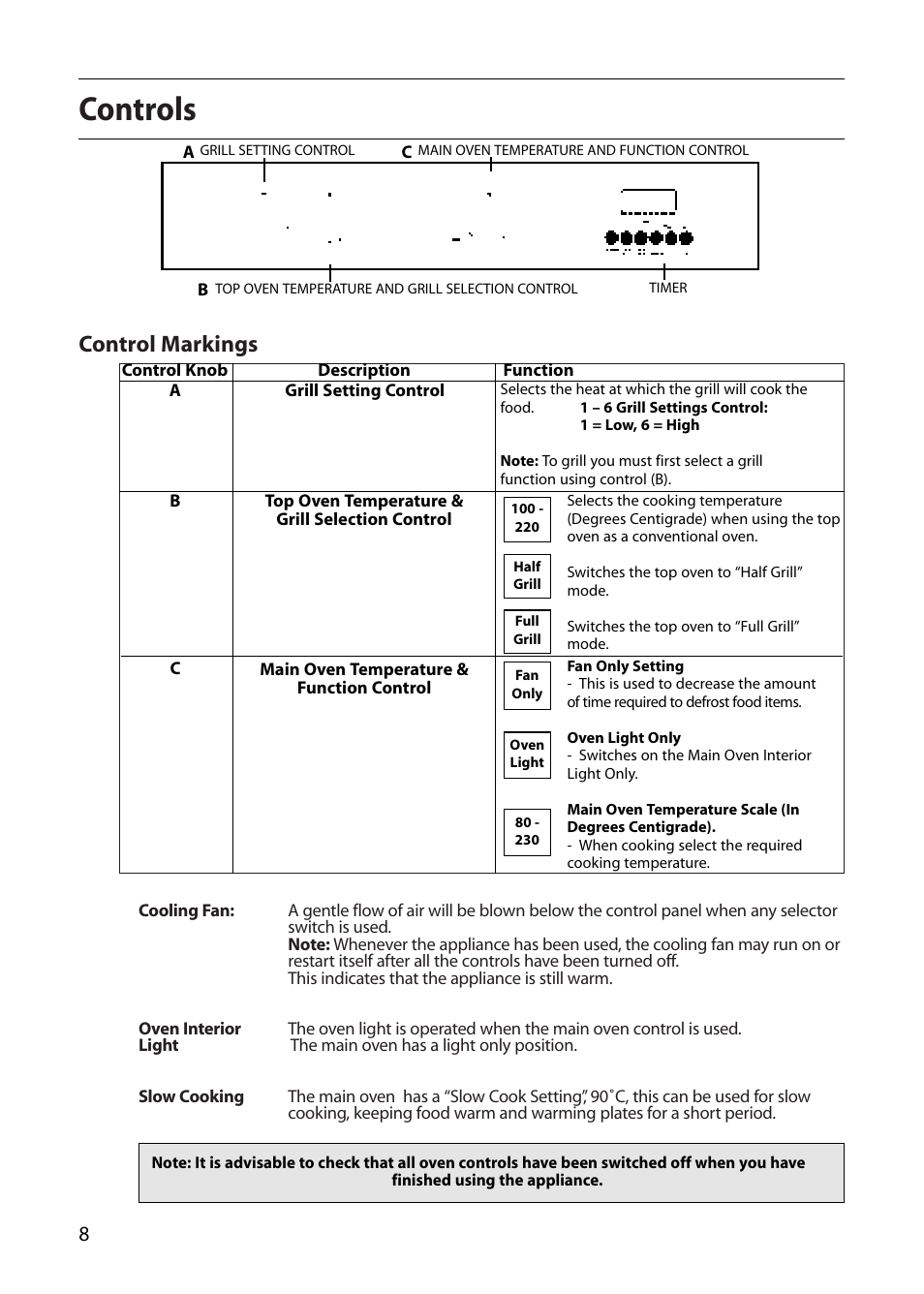 Controls, Control markings | Creda CB43E User Manual | Page 8 / 40