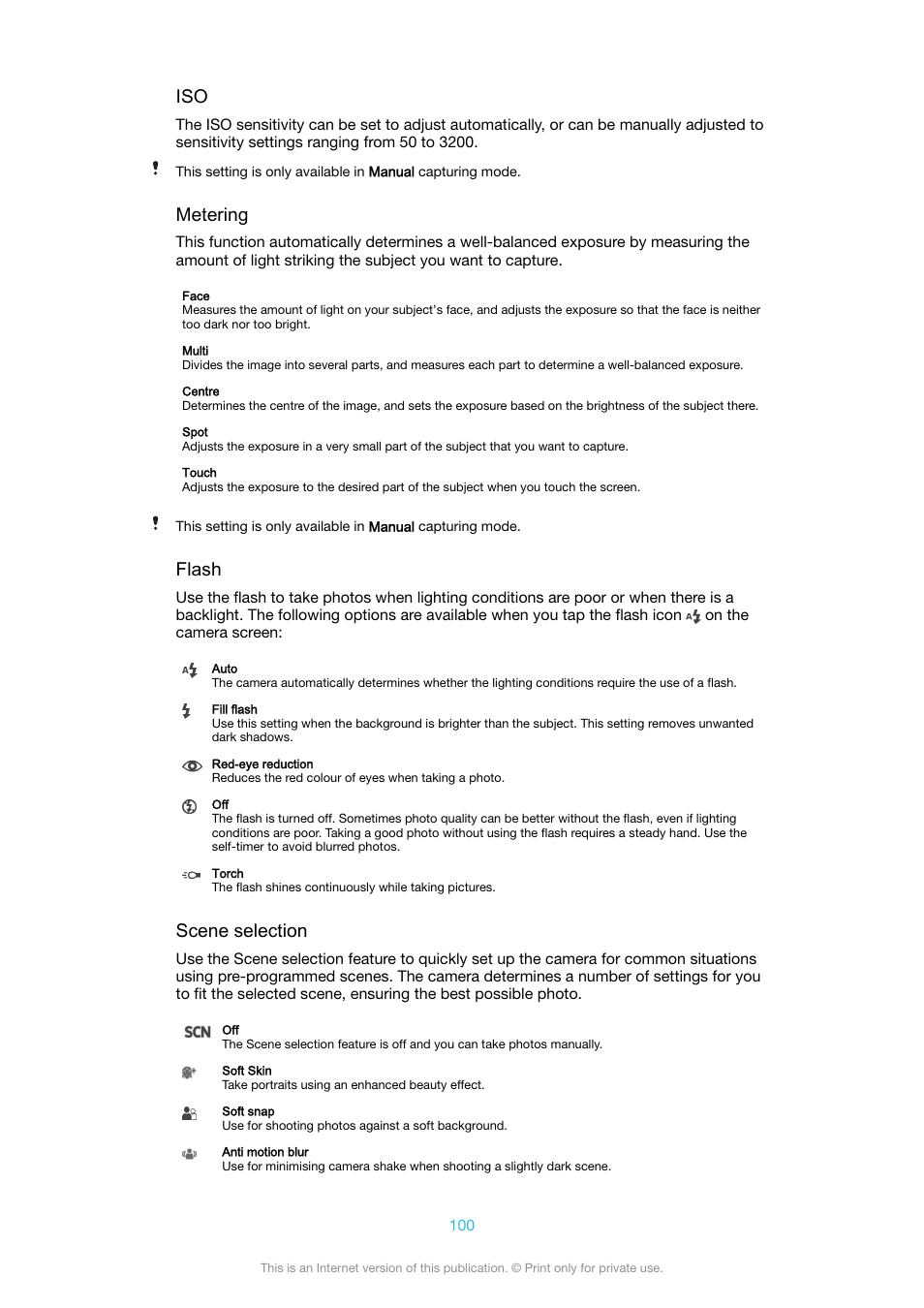 Metering, Flash, Scene selection | Sony XPeria XZ F8331 User Manual | Page 100 / 133