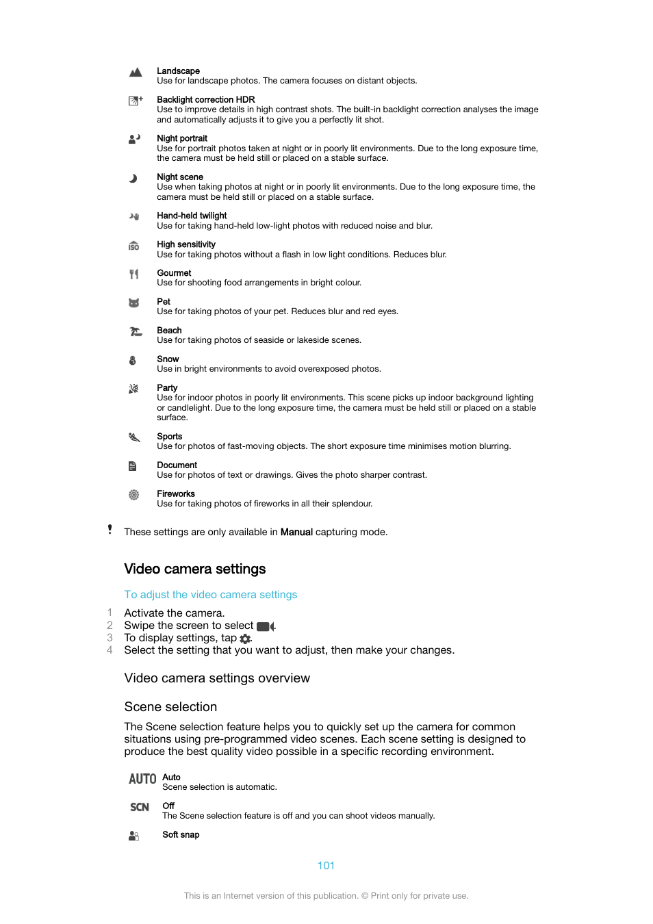 Video camera settings, Video camera settings overview scene selection | Sony XPeria XZ F8331 User Manual | Page 101 / 133