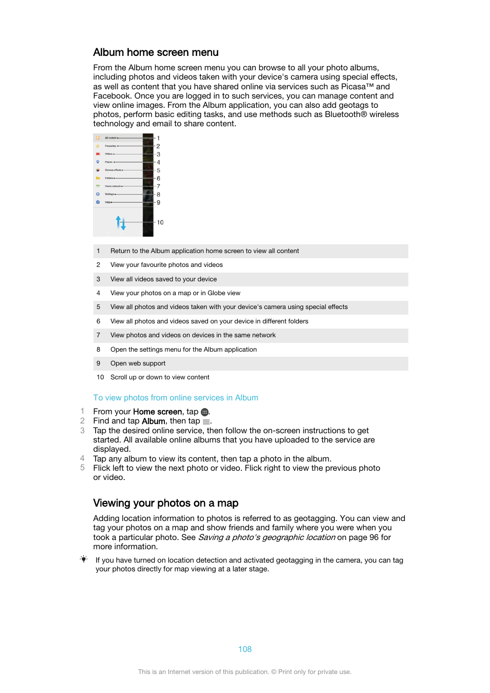 Album home screen menu, Viewing your photos on a map | Sony XPeria XZ F8331 User Manual | Page 108 / 133