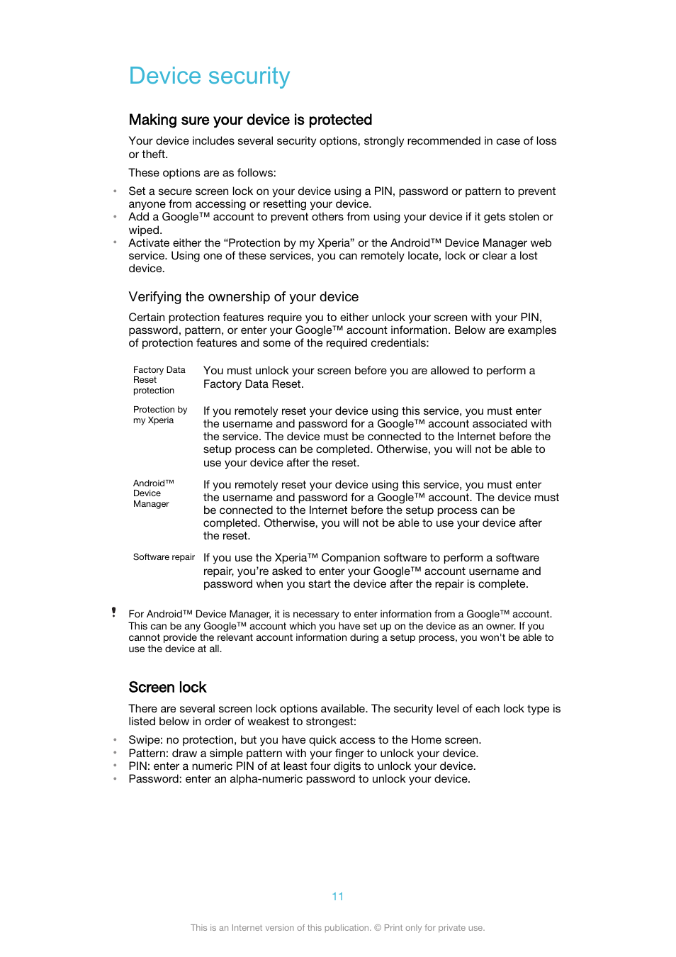 Device security, Making sure your device is protected, Screen lock | Making sure your device is protected screen lock | Sony XPeria XZ F8331 User Manual | Page 11 / 133