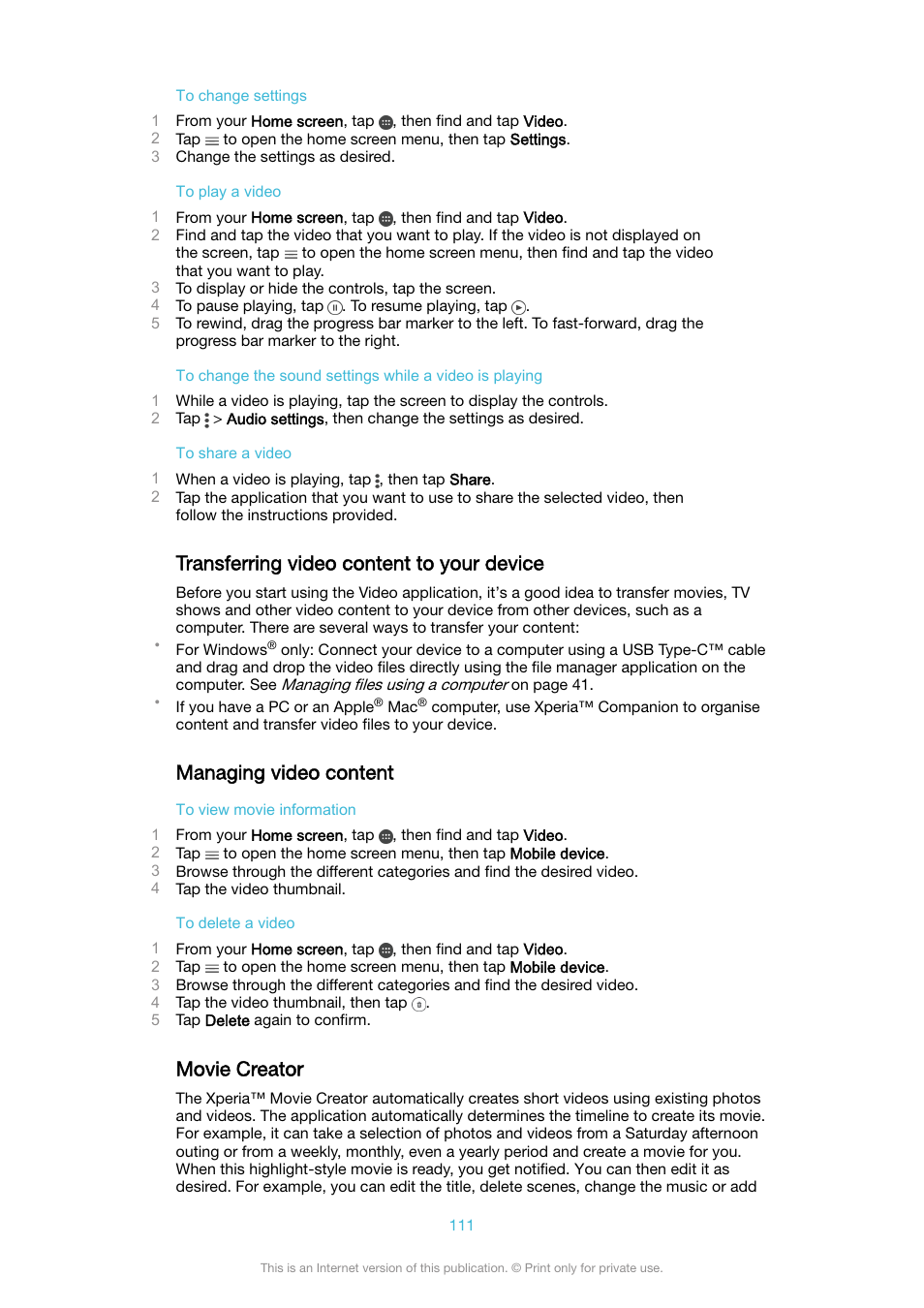 Transferring video content to your device, Managing video content, Movie creator | Sony XPeria XZ F8331 User Manual | Page 111 / 133