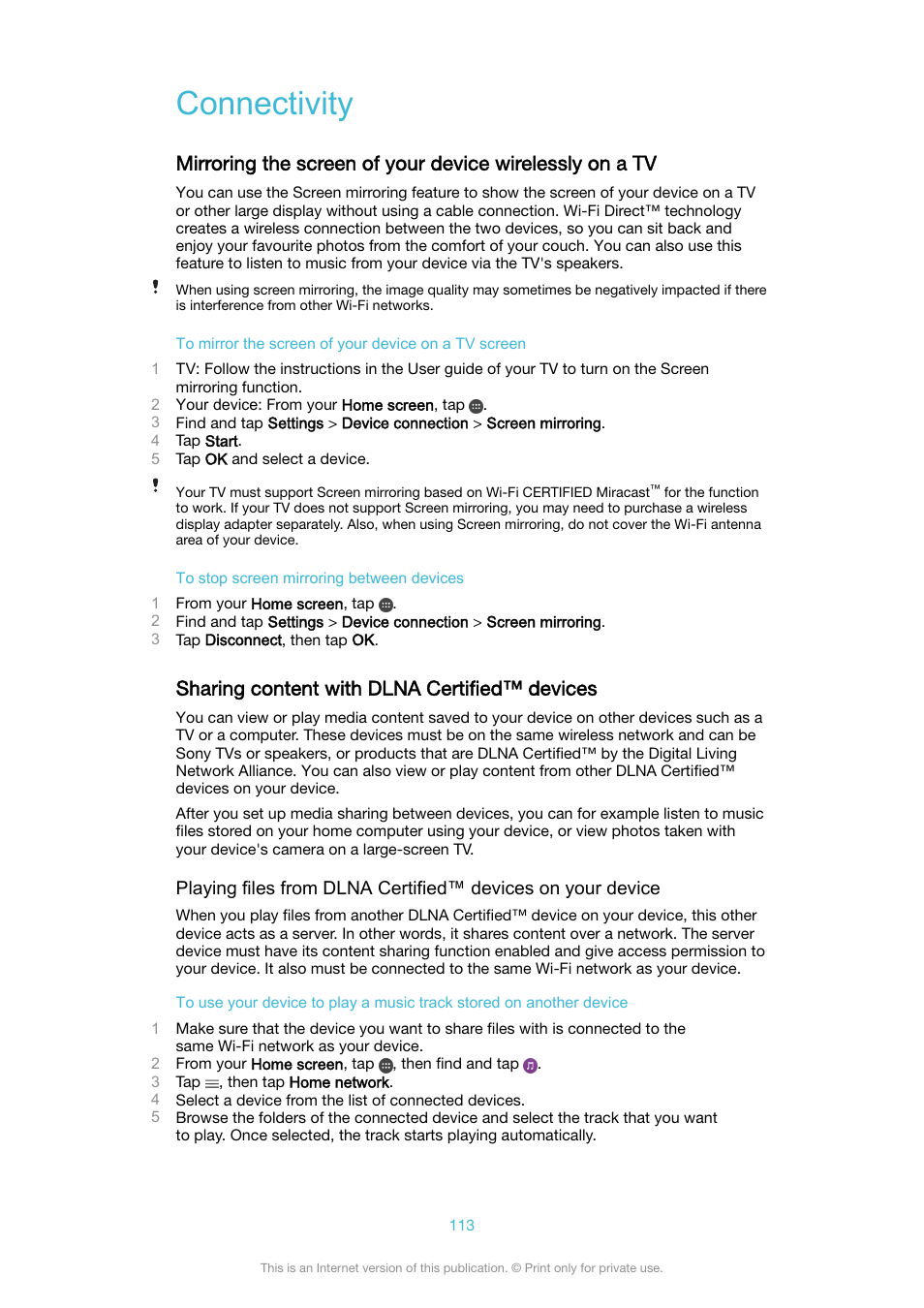 Connectivity, Sharing content with dlna certified™‎ devices, Sharing content with dlna certified™ devices | Sony XPeria XZ F8331 User Manual | Page 113 / 133