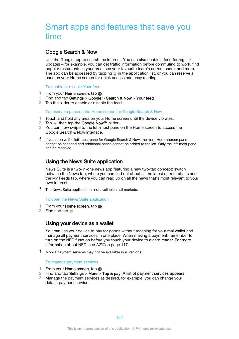 Smart apps and features that save you time, Google search & now, Using the news suite application | Using your device as a wallet | Sony XPeria XZ F8331 User Manual | Page 122 / 133
