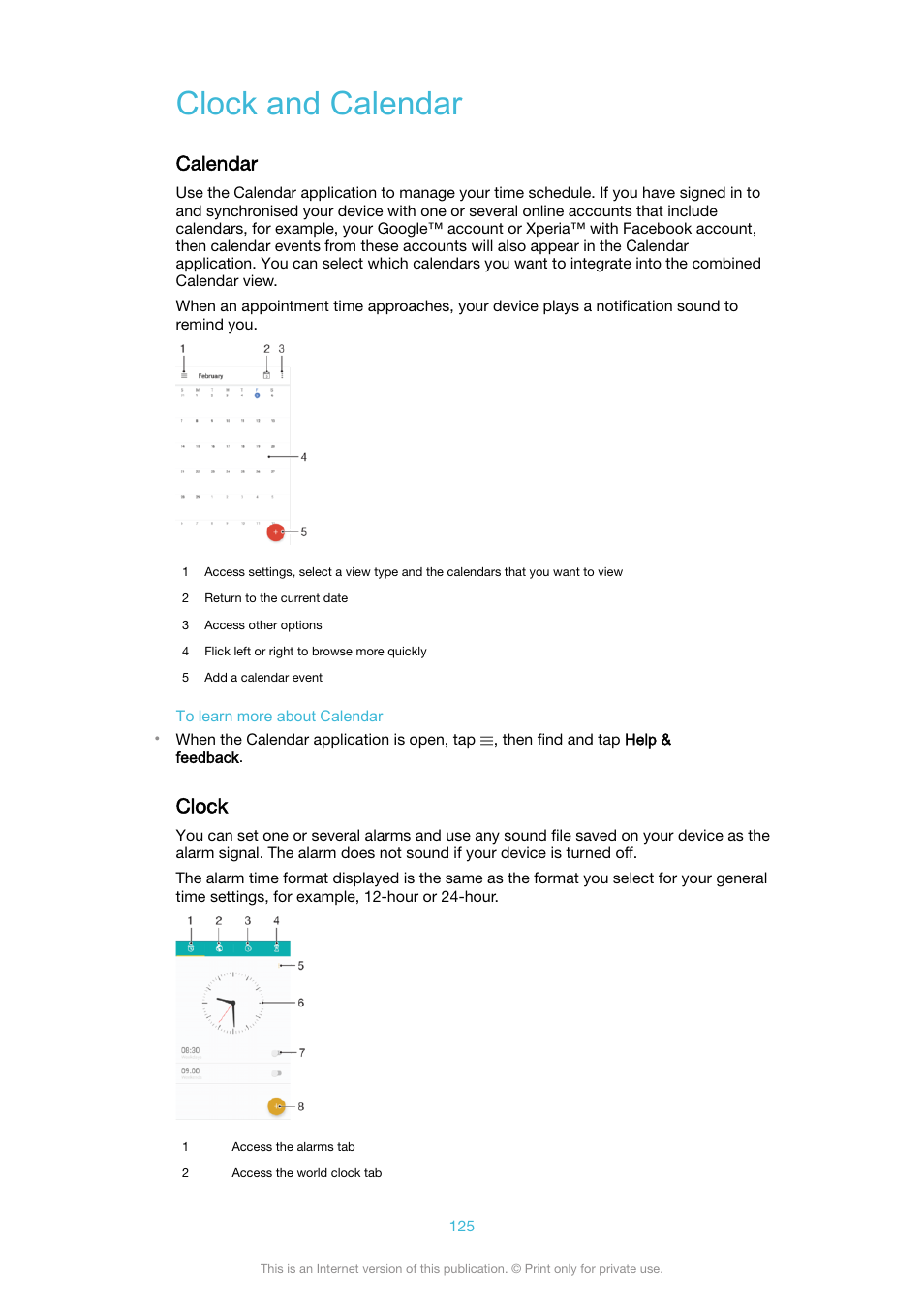 Clock and calendar, Calendar, Clock | Calendar clock | Sony XPeria XZ F8331 User Manual | Page 125 / 133