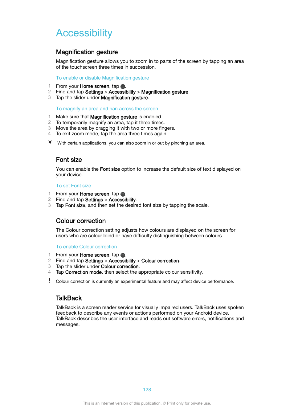 Accessibility, Magnification gesture, Font size | Colour correction, Talkback | Sony XPeria XZ F8331 User Manual | Page 128 / 133