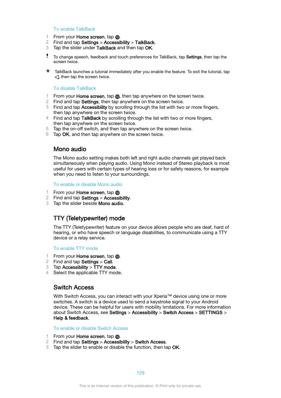 Mono audio, Tty (teletypewriter) mode, Switch access | Mono audio tty (teletypewriter) mode switch access | Sony XPeria XZ F8331 User Manual | Page 129 / 133