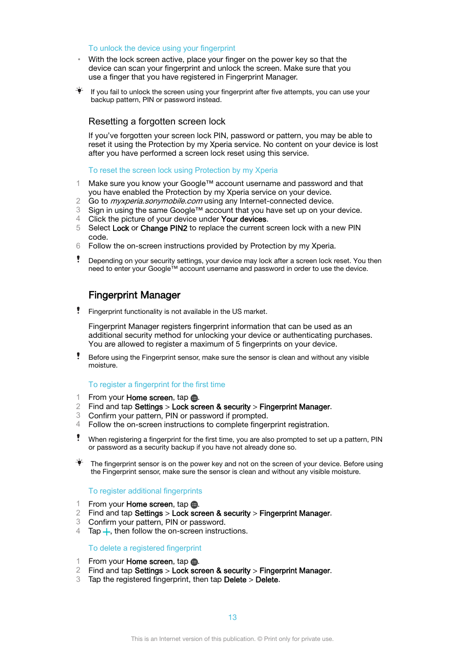 Fingerprint manager | Sony XPeria XZ F8331 User Manual | Page 13 / 133