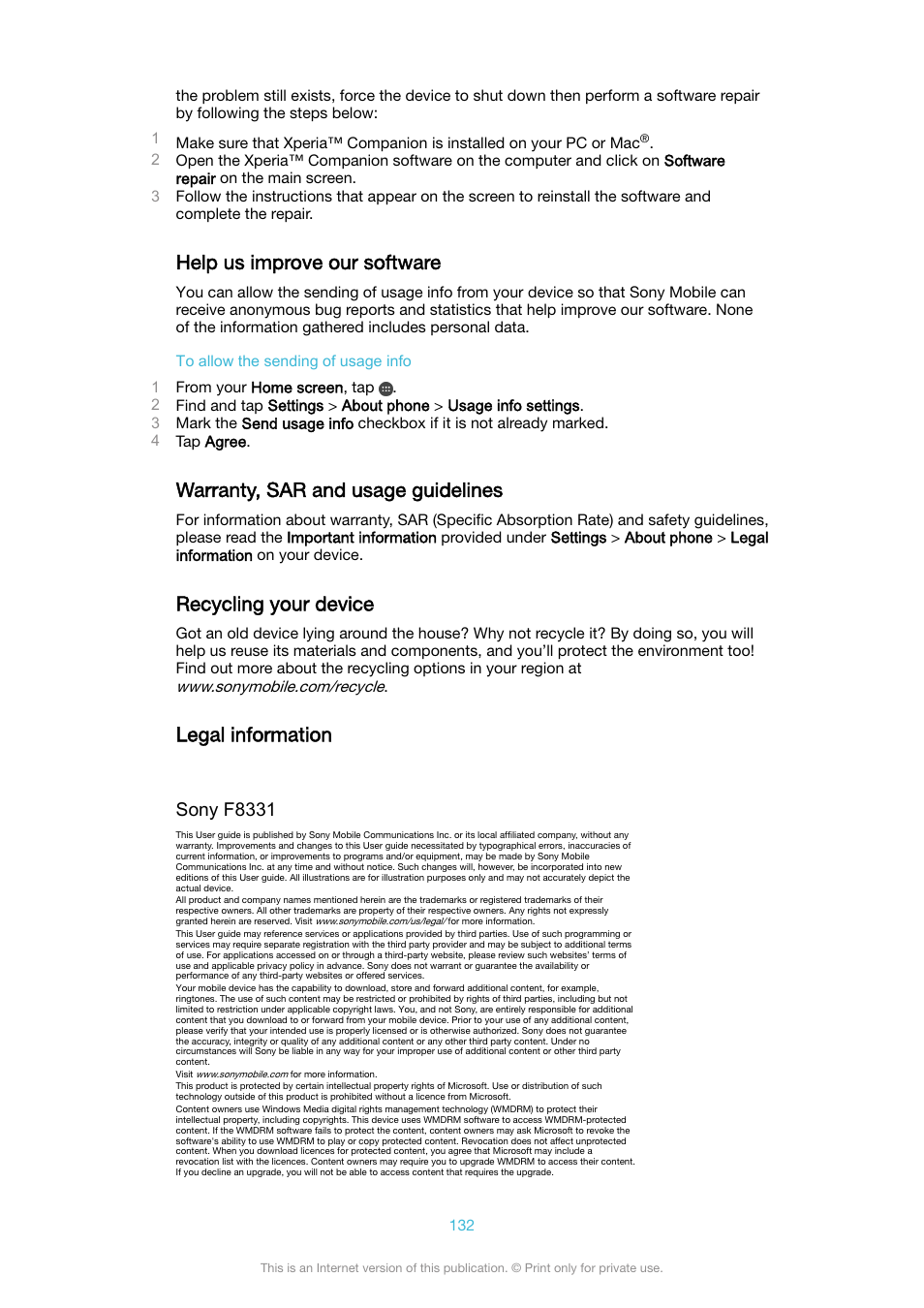 Help us improve our software, Warranty, sar and usage guidelines, Recycling your device | Legal information, Sony f8331 | Sony XPeria XZ F8331 User Manual | Page 132 / 133