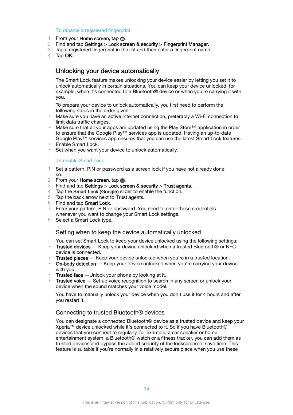 Unlocking your device automatically | Sony XPeria XZ F8331 User Manual | Page 14 / 133