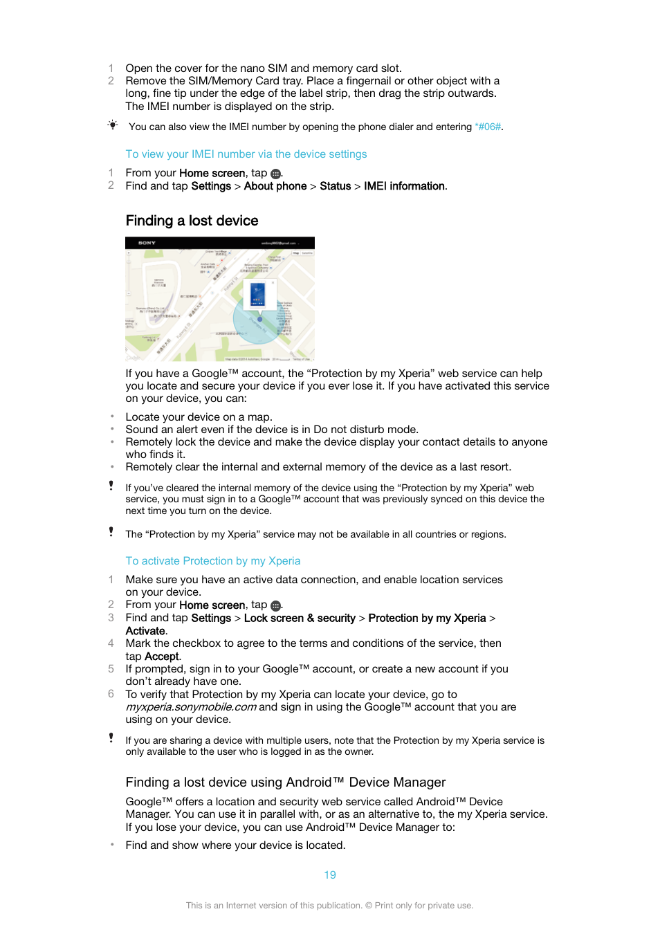 Finding a lost device | Sony XPeria XZ F8331 User Manual | Page 19 / 133