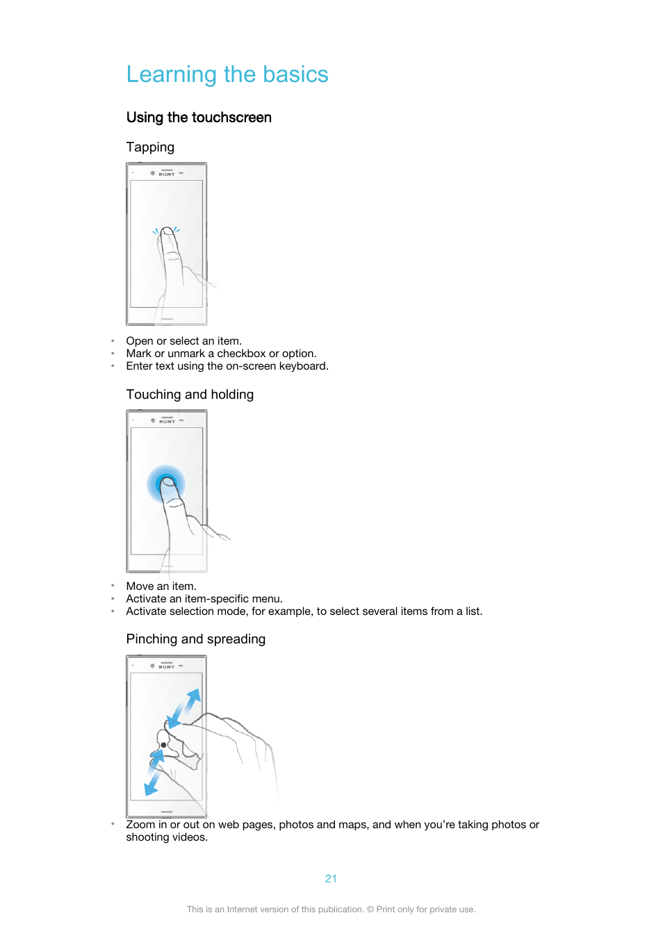 Learning the basics, Using the touchscreen | Sony XPeria XZ F8331 User Manual | Page 21 / 133