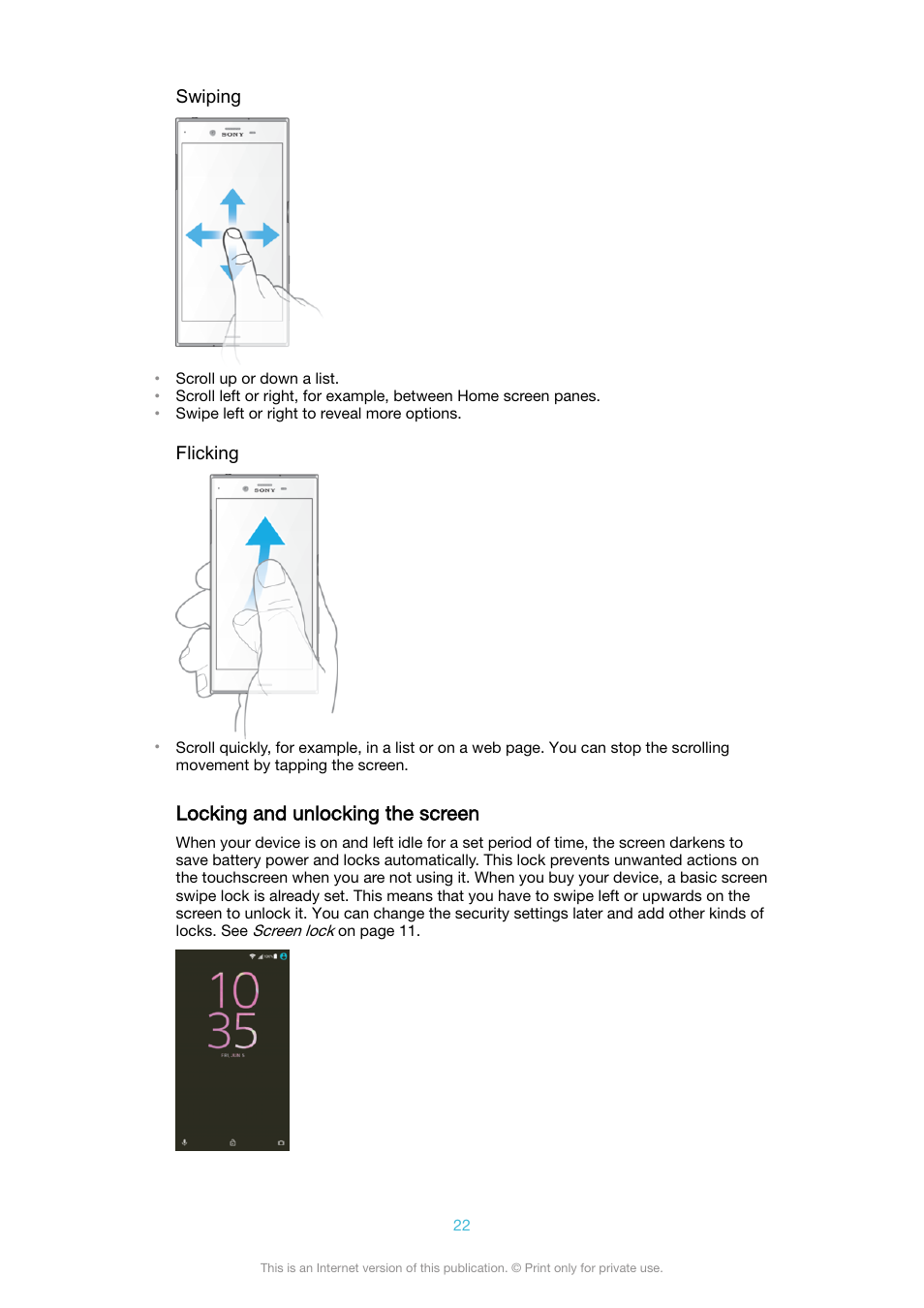 Locking and unlocking the screen | Sony XPeria XZ F8331 User Manual | Page 22 / 133