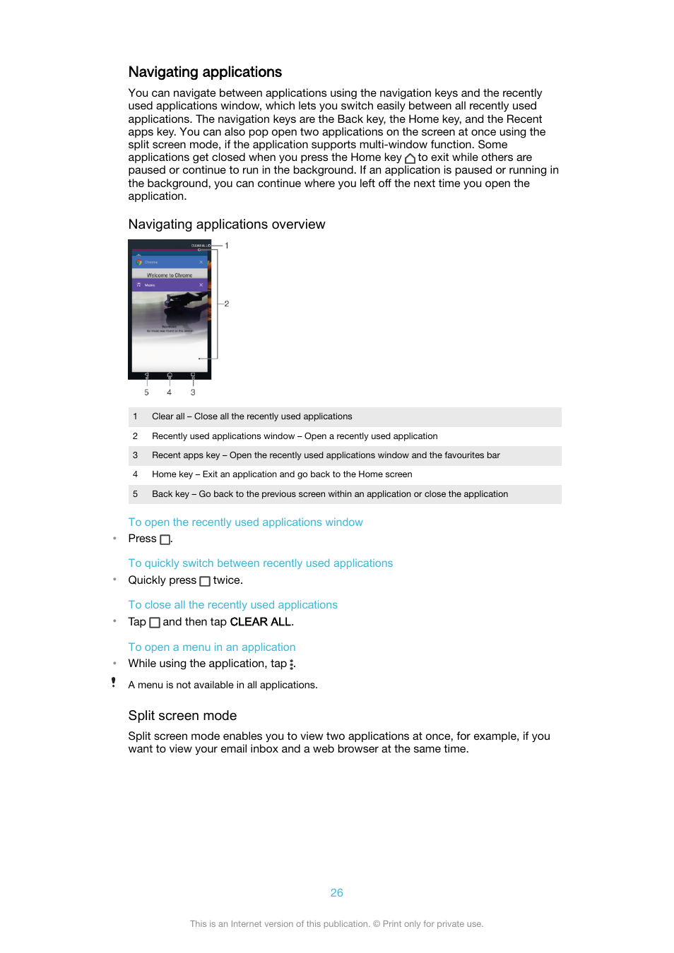 Navigating applications, Navigating applications overview, Split screen mode | Sony XPeria XZ F8331 User Manual | Page 26 / 133