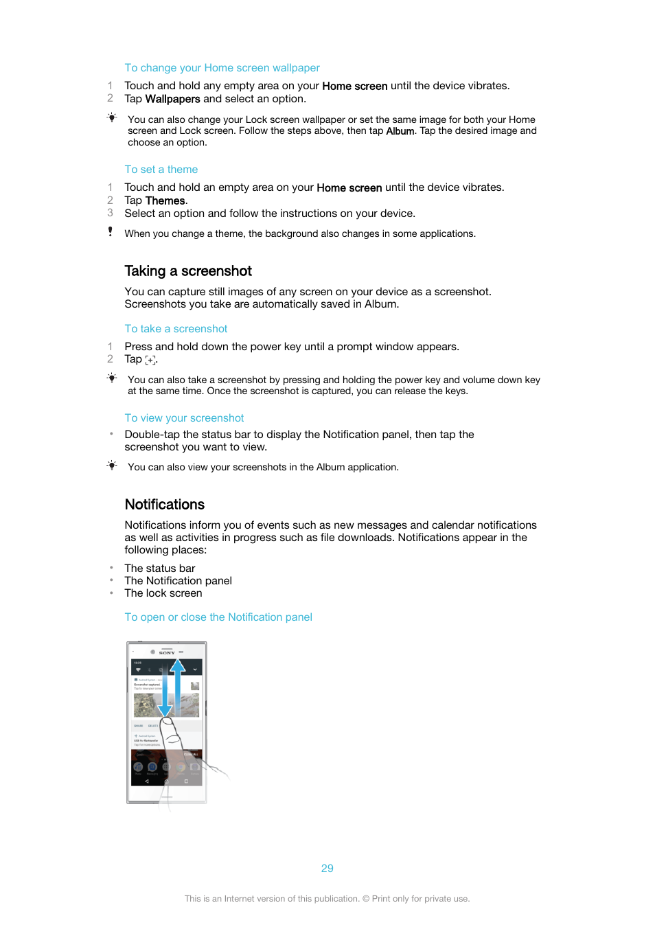 Taking a screenshot, Notifications, Taking a screenshot notifications | Sony XPeria XZ F8331 User Manual | Page 29 / 133