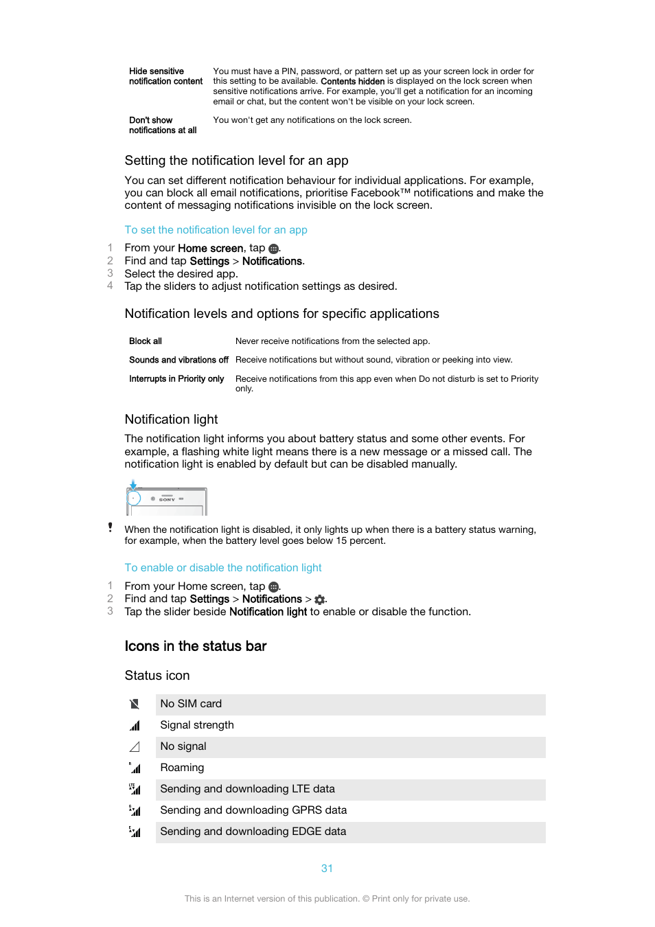 Icons in the status bar, Setting the notification level for an app, Notification light | Status icon | Sony XPeria XZ F8331 User Manual | Page 31 / 133