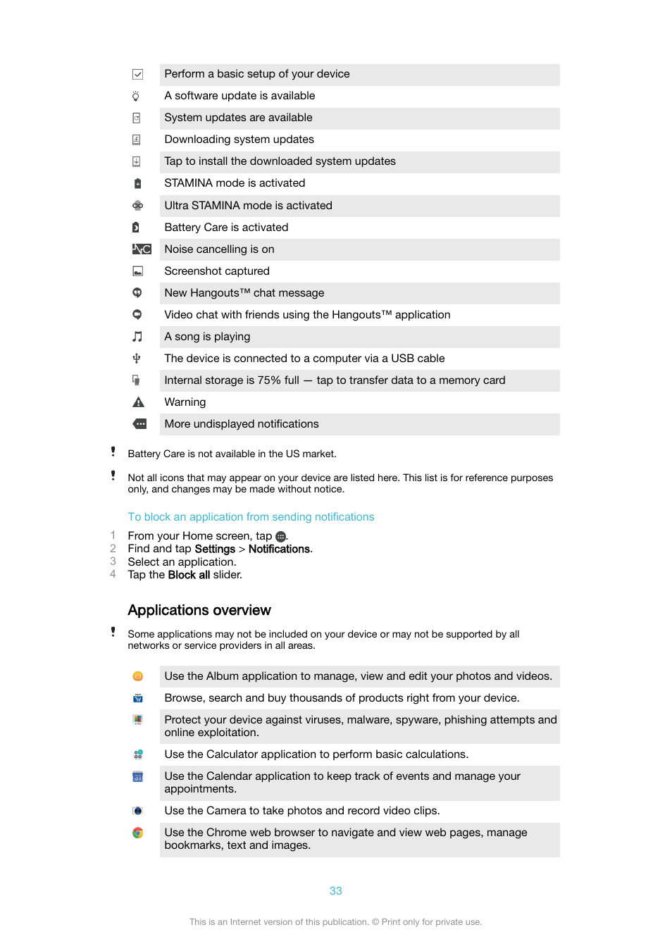 Applications overview | Sony XPeria XZ F8331 User Manual | Page 33 / 133