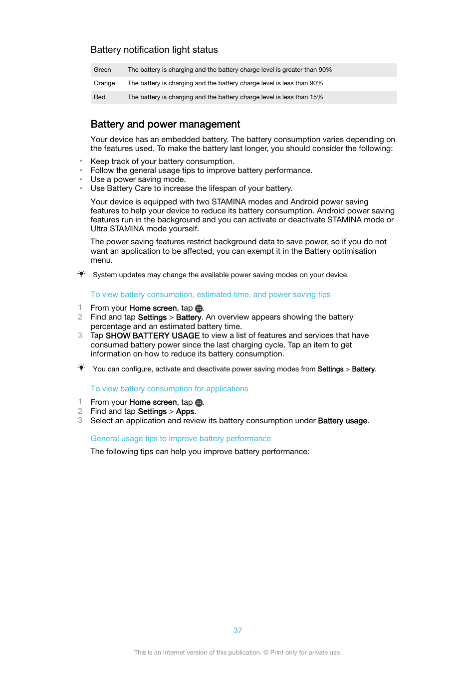 Battery and power management, Battery notification light status | Sony XPeria XZ F8331 User Manual | Page 37 / 133