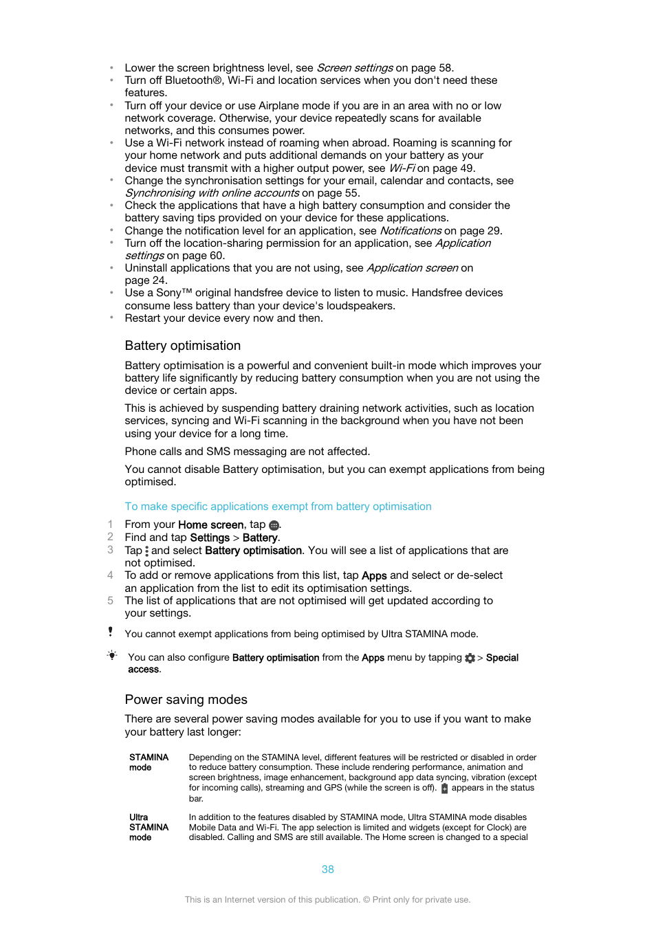 Battery optimisation, Power saving modes | Sony XPeria XZ F8331 User Manual | Page 38 / 133