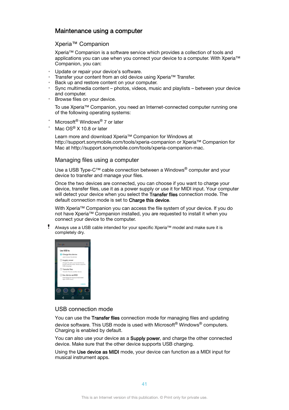 Maintenance using a computer | Sony XPeria XZ F8331 User Manual | Page 41 / 133