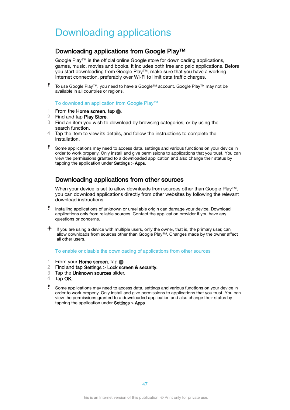 Downloading applications, Downloading applications from google play, Downloading applications from other sources | Sony XPeria XZ F8331 User Manual | Page 47 / 133