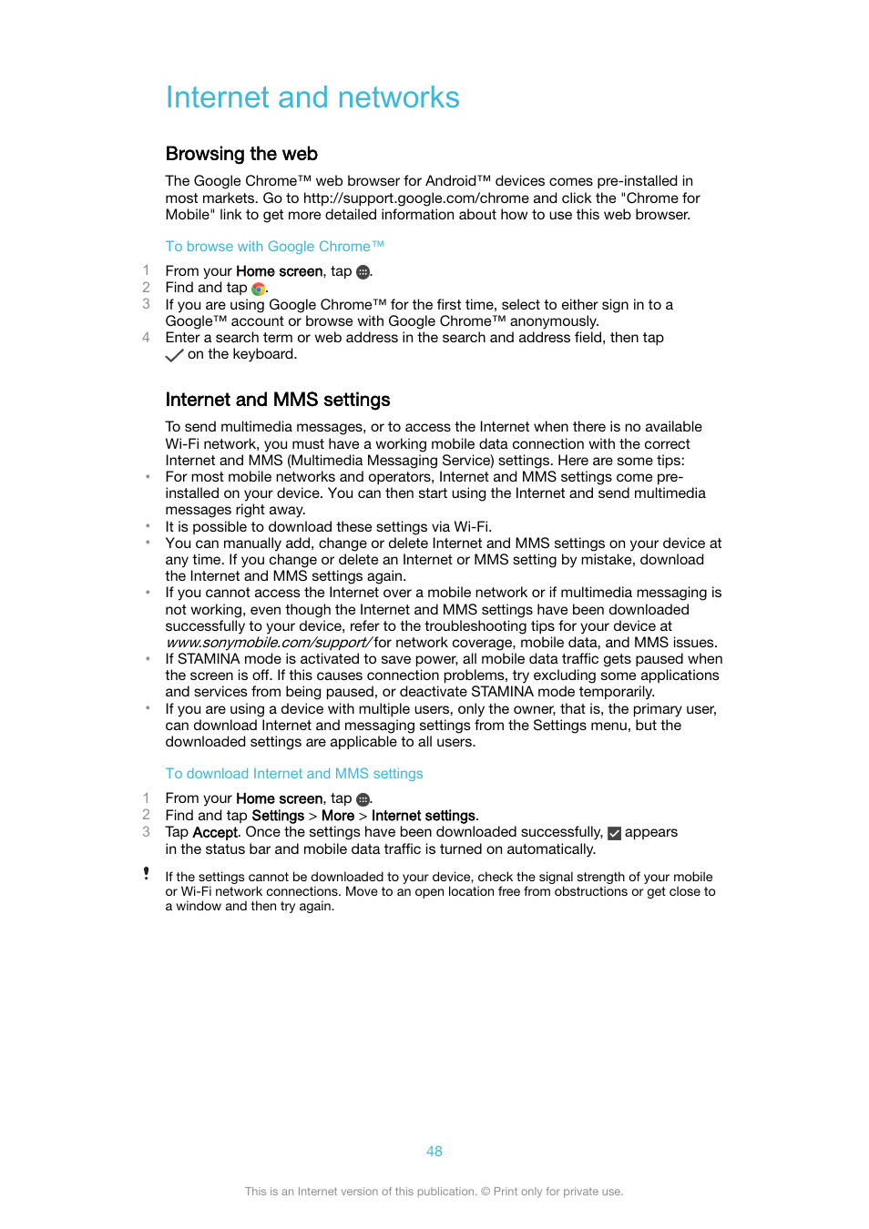 Internet and networks, Browsing the web, Internet and mms settings | Browsing the web internet and mms settings | Sony XPeria XZ F8331 User Manual | Page 48 / 133