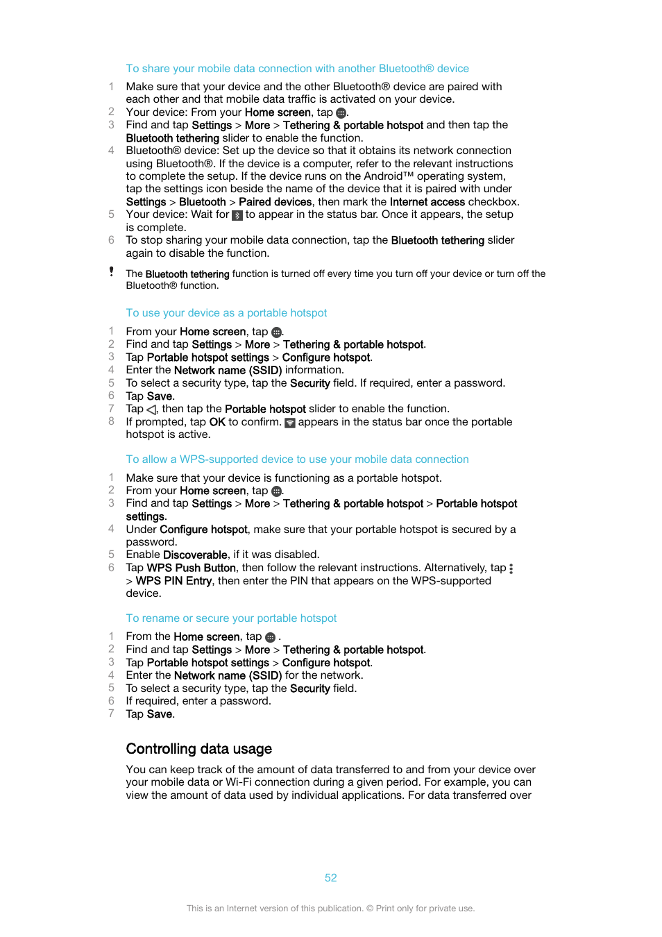 Controlling data usage | Sony XPeria XZ F8331 User Manual | Page 52 / 133