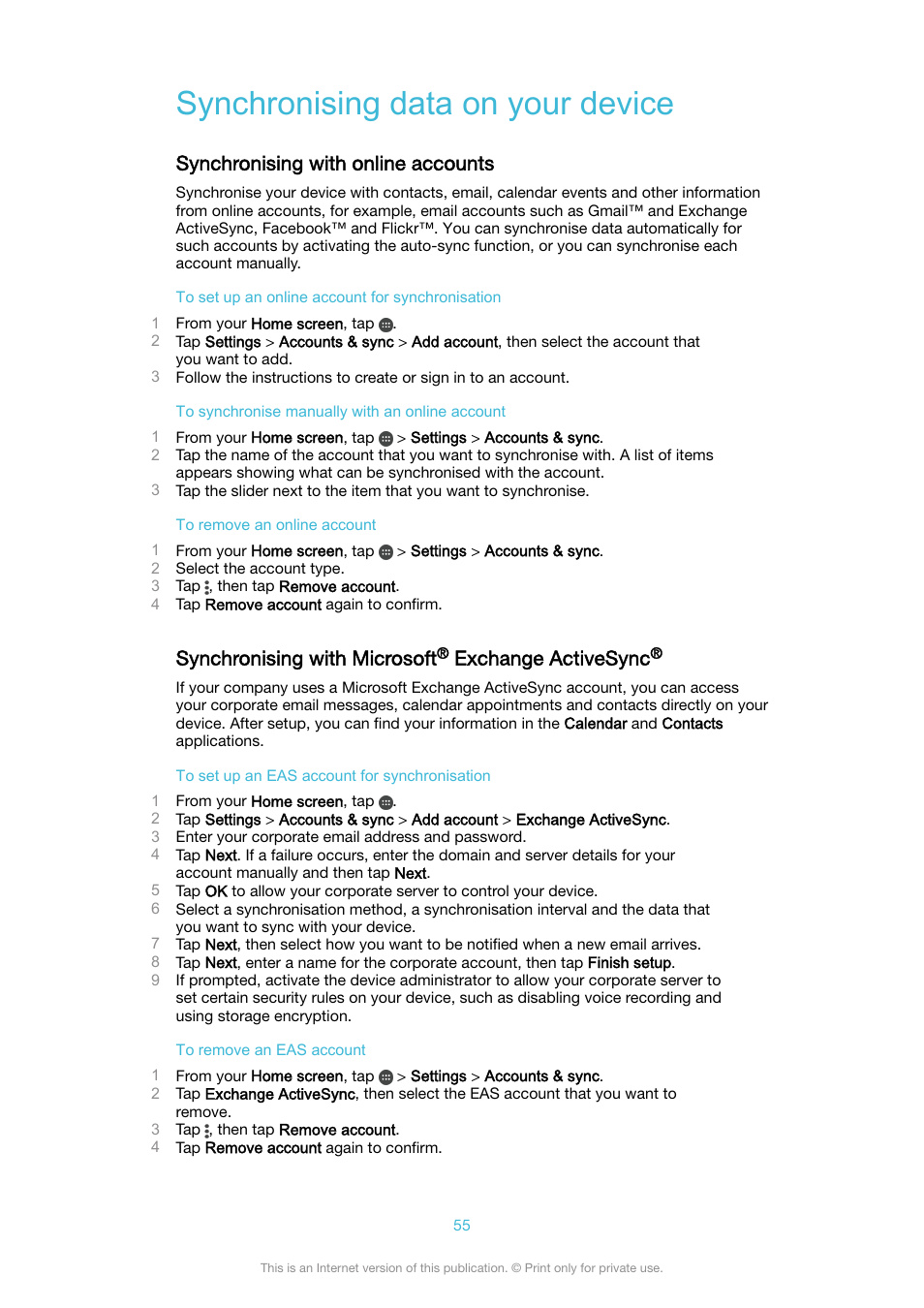 Synchronising data on your device, Synchronising with online accounts, Synchronising with microsoft® exchange activesync | Synchronising with microsoft, Exchange activesync | Sony XPeria XZ F8331 User Manual | Page 55 / 133