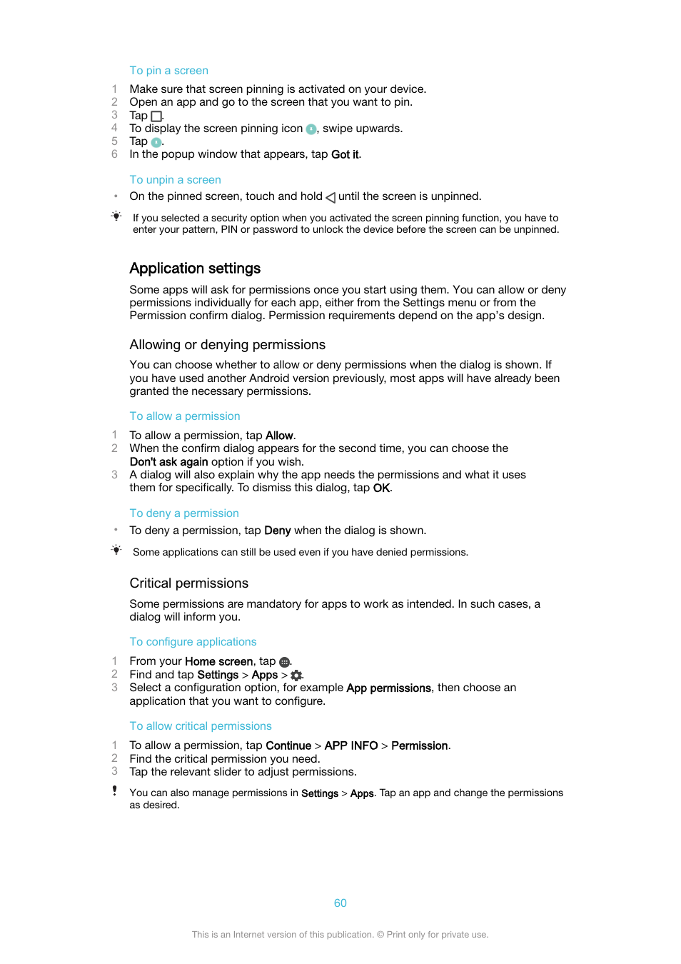 Application settings, Application, Settings | Sony XPeria XZ F8331 User Manual | Page 60 / 133