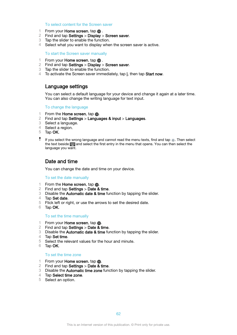 Language settings, Date and time, Language settings date and time | Sony XPeria XZ F8331 User Manual | Page 62 / 133