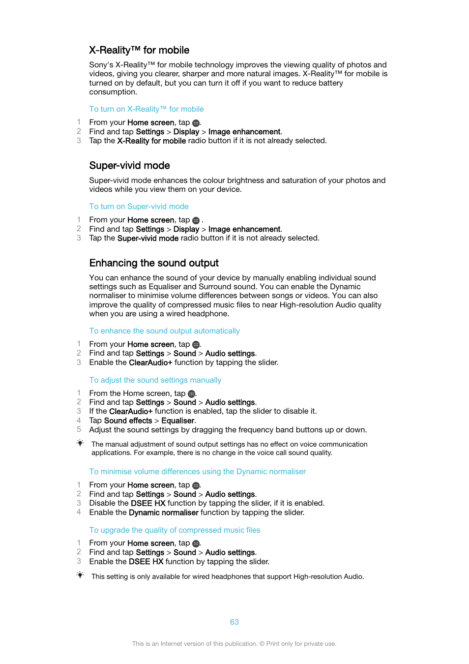 X-reality™‎ for mobile, Super-vivid mode, Enhancing the sound output | X-reality™ for mobile | Sony XPeria XZ F8331 User Manual | Page 63 / 133