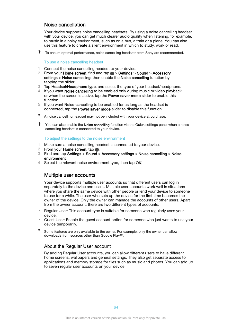 Noise cancellation, Multiple user accounts, Noise cancellation multiple user accounts | Sony XPeria XZ F8331 User Manual | Page 64 / 133