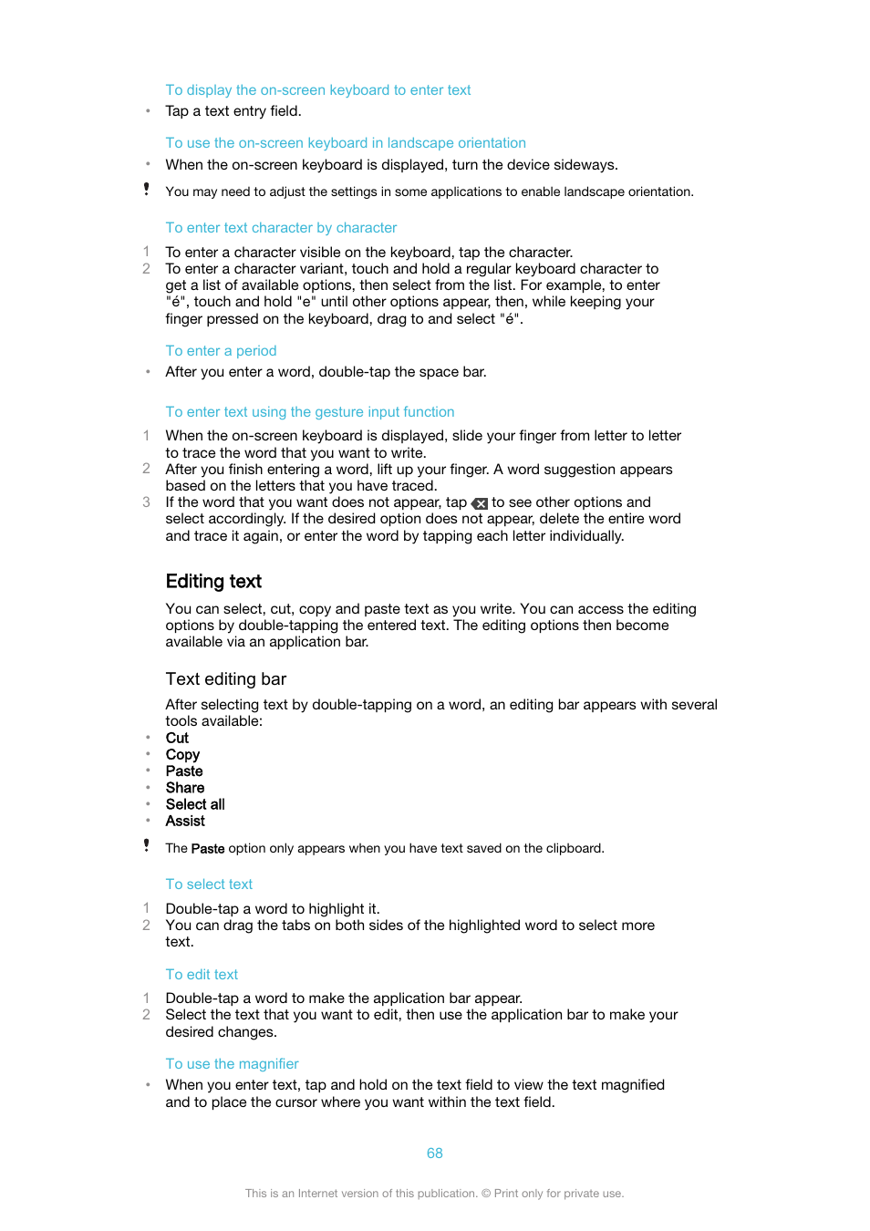 Editing text | Sony XPeria XZ F8331 User Manual | Page 68 / 133