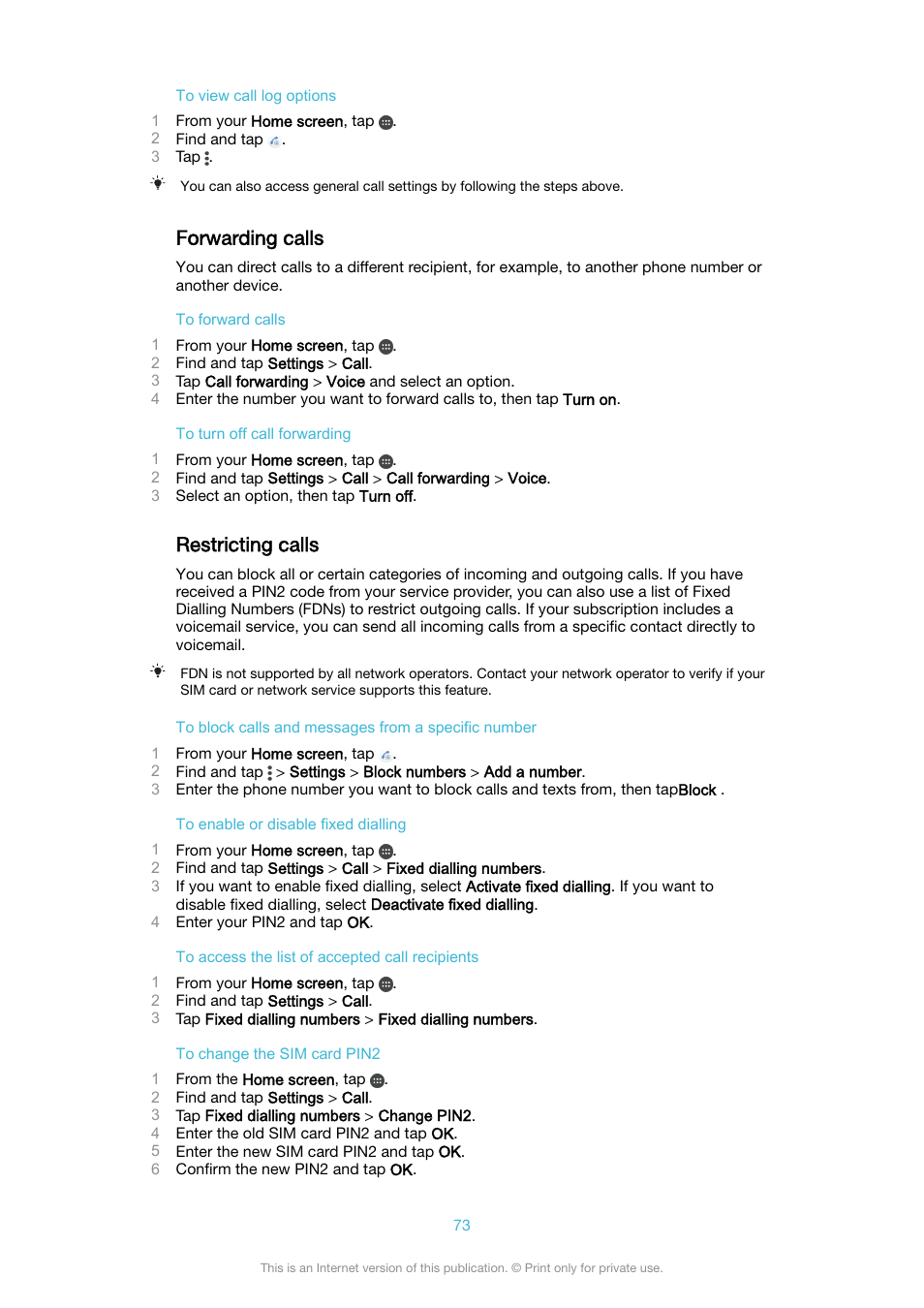 Forwarding calls, Restricting calls, Forwarding calls restricting calls | Sony XPeria XZ F8331 User Manual | Page 73 / 133