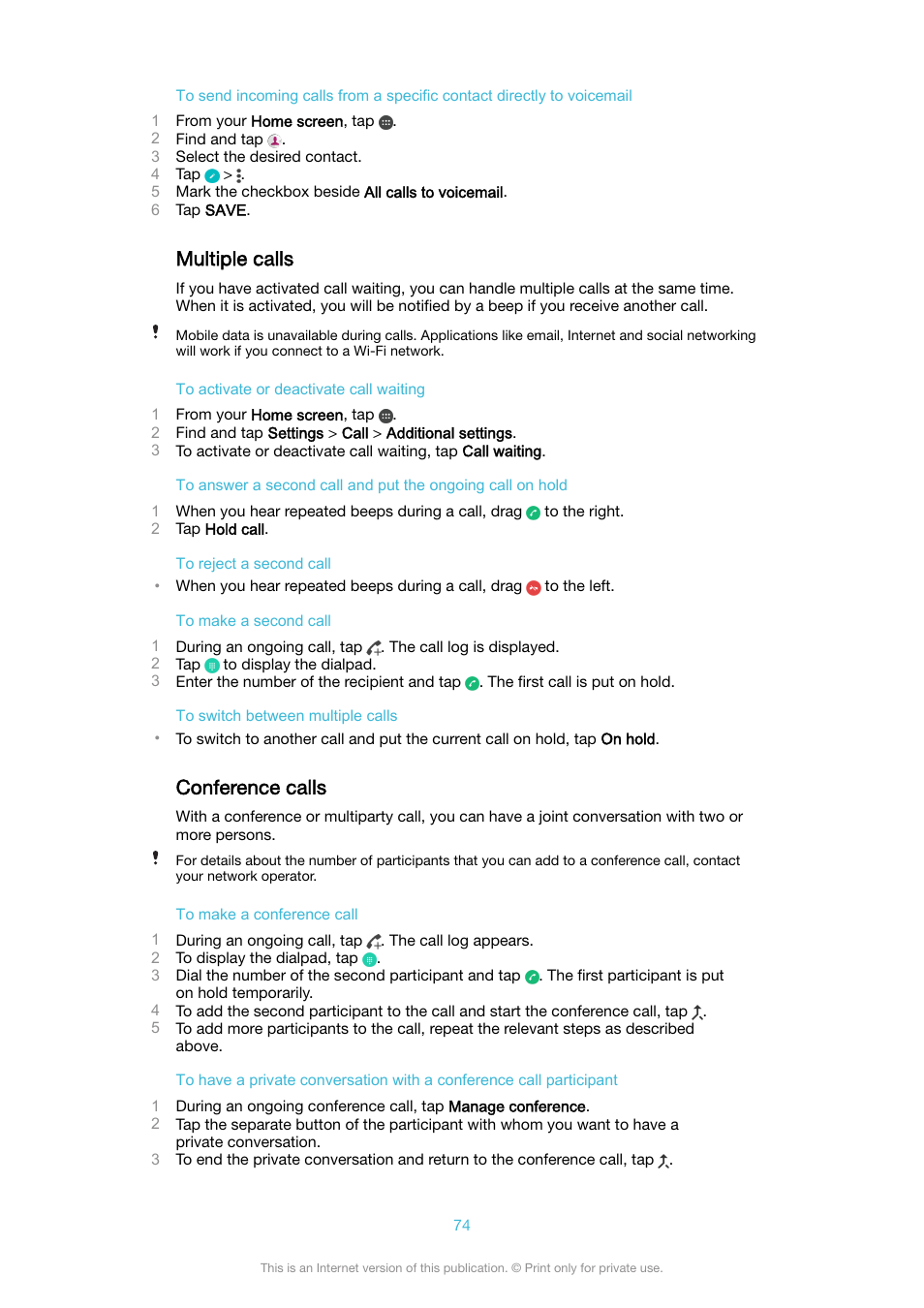 Multiple calls, Conference calls, Multiple calls conference calls | Sony XPeria XZ F8331 User Manual | Page 74 / 133