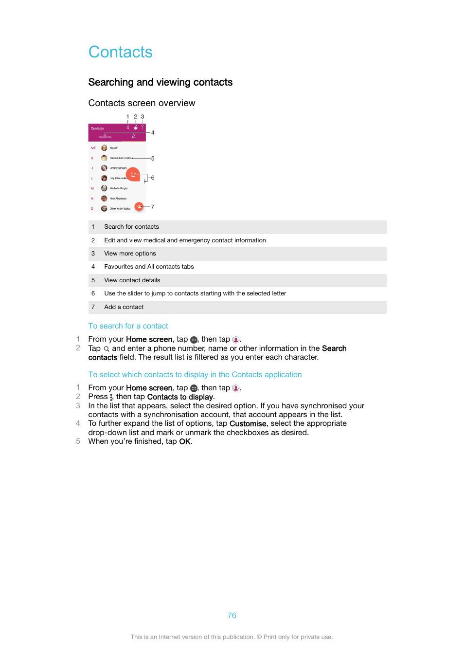 Contacts, Searching and viewing contacts, Contacts screen overview | Sony XPeria XZ F8331 User Manual | Page 76 / 133