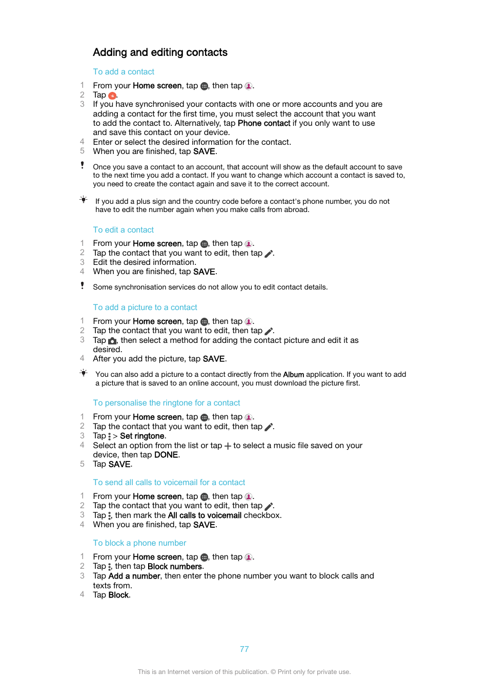 Adding and editing contacts | Sony XPeria XZ F8331 User Manual | Page 77 / 133