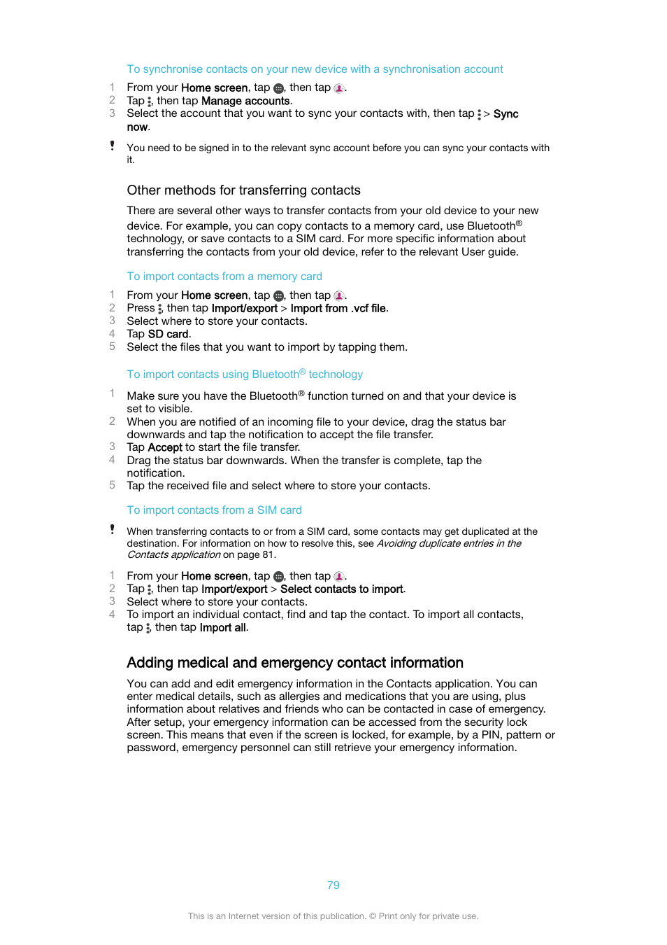 Adding medical and emergency contact information | Sony XPeria XZ F8331 User Manual | Page 79 / 133