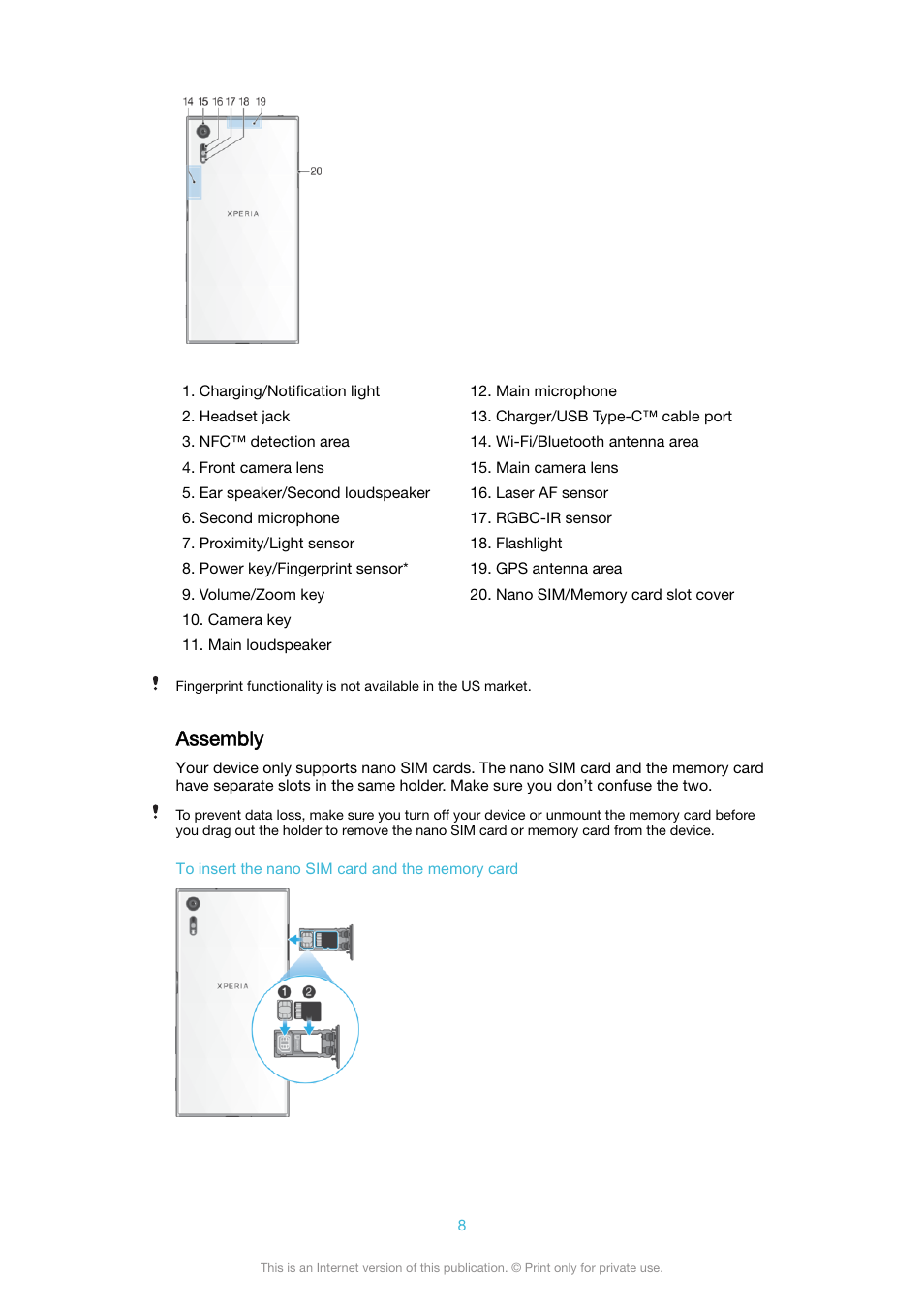 Assembly | Sony XPeria XZ F8331 User Manual | Page 8 / 133