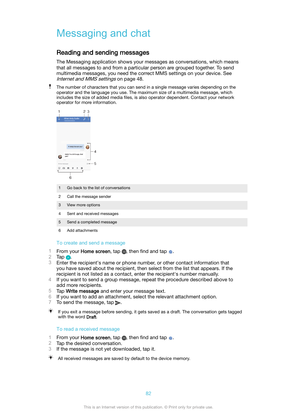 Messaging and chat, Reading and sending messages | Sony XPeria XZ F8331 User Manual | Page 82 / 133