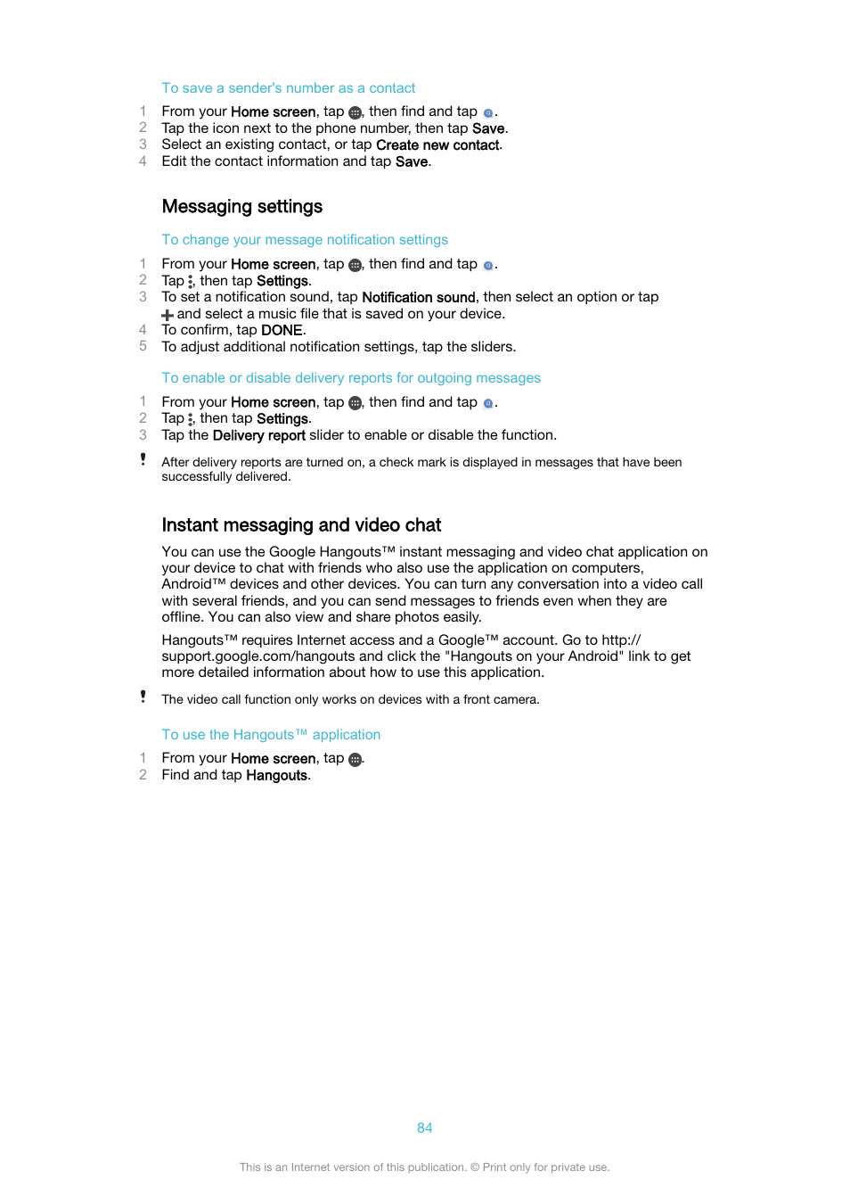 Messaging settings, Instant messaging and video chat | Sony XPeria XZ F8331 User Manual | Page 84 / 133