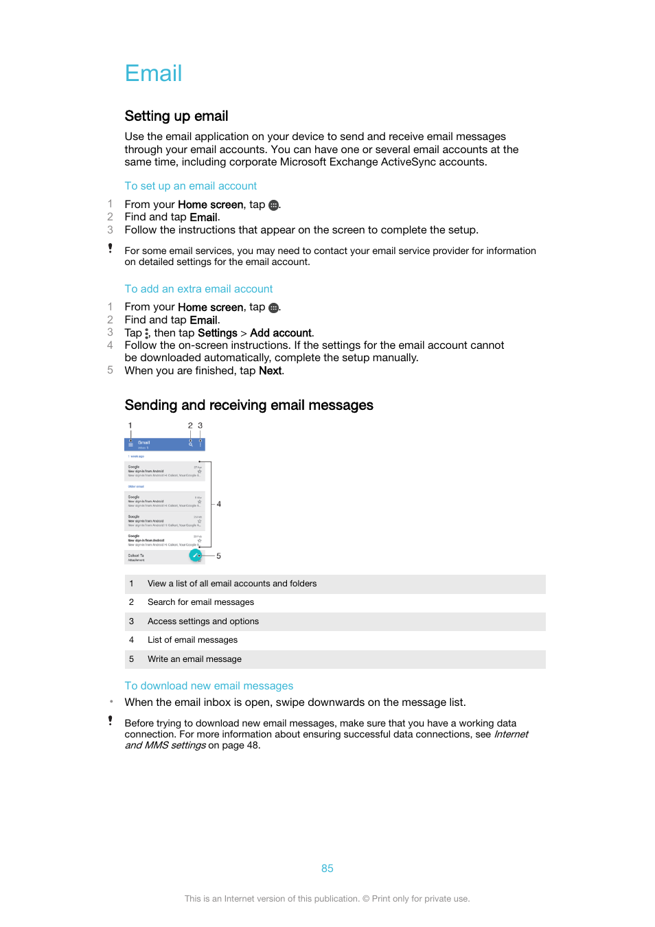 Email, Setting up email, Sending and receiving email messages | Sony XPeria XZ F8331 User Manual | Page 85 / 133